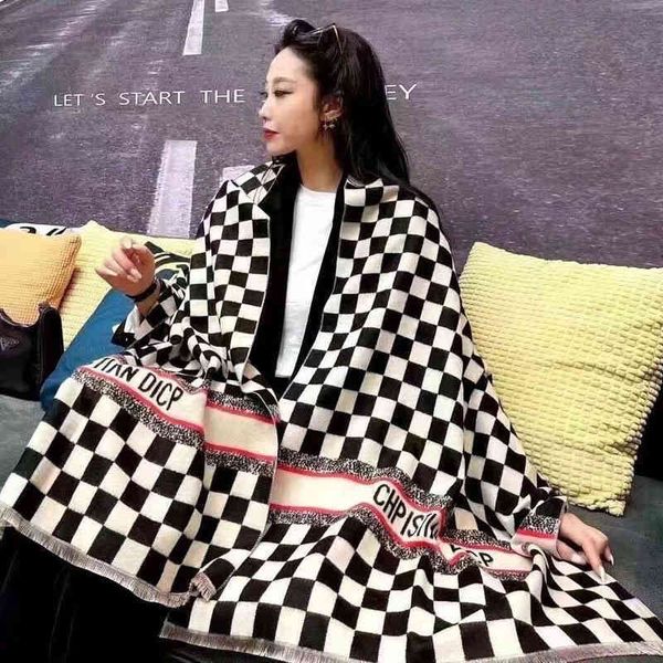 

design korean chessboard women's thickened cashmere scarf in autumn and student multifunctional grid live broadcast, Blue;gray