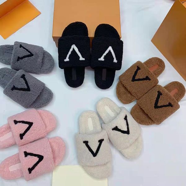 

womens slippers ladies wool slides winter fur fluffy furry warm letters sandals comfortable fuzzy lnverted triangular iron sheet girl flip f, Black