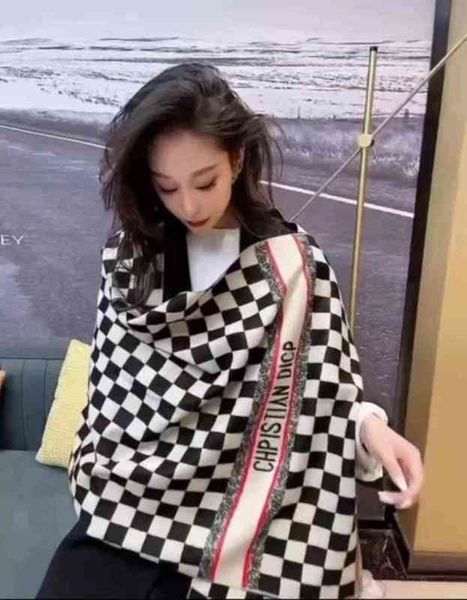 

design ins chessboard check silver shawl couple autumn korean warm scarf black and white check scarf live broadcast, Blue;gray