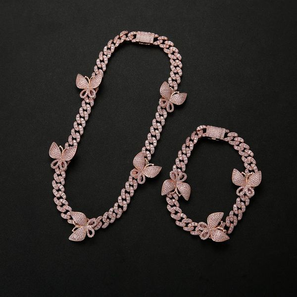 

10mm iced out bling cz miami cuban link chain butterfly charm choker necklace hip hop women jewelry240t, Silver