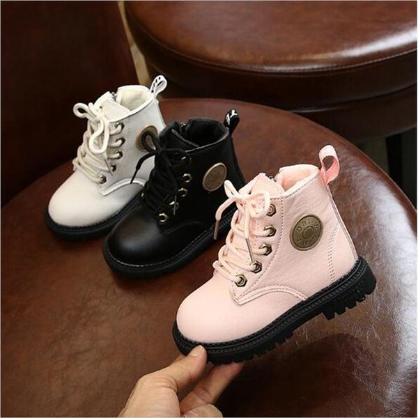 

2020 winter children boots boys leather martin boots girls shoes plush fashion waterproof non-slip warm kids boots shoes322a, Black;grey