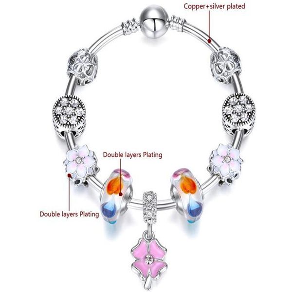 

rainbow lists alloy and silver plated big loose beads strands bangles diamond flower shape pink pendant pan style charms bracelets inne331s, Black