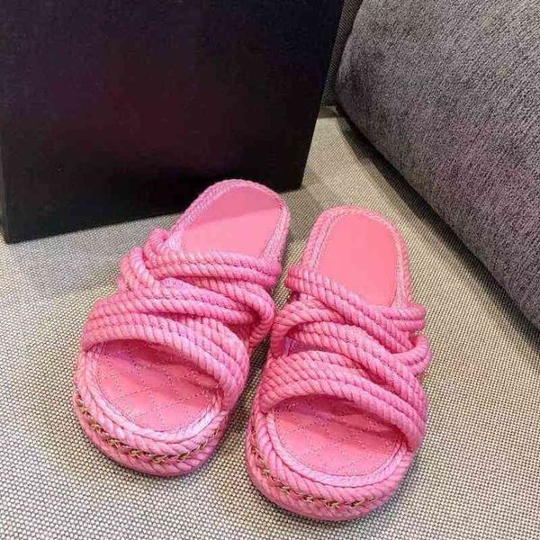 

flat slippers sandals beach slides hemp platorm designer shoes flip flops summer metal chain narrow band weaves fashion brand udxd, Black