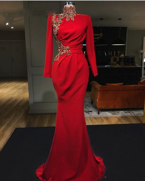 

2022 evening dresses wear mermaid high neck arabic red long sleeves gold lace crystal beads prom dress formal party second reception gowns, Black;red