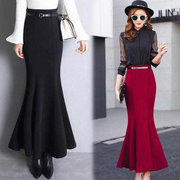 

skirts skirts spring women fashion office lady elasticity ruffles black skirt solid high waist slim fishtail long jupe femme y934skirts 50tb