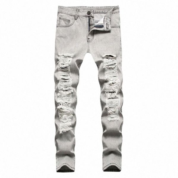 

men's jeans men's jeans gray holes ripped denim trendy distressed straight pants casual trousers g4sk#, Blue