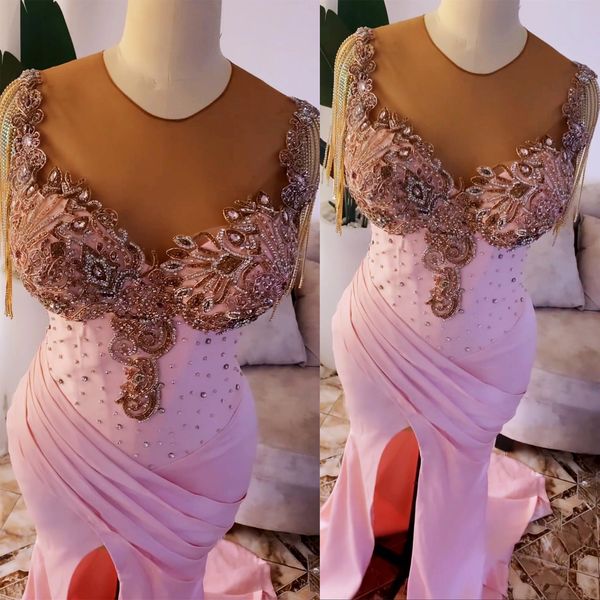 

2022 arabic aso ebi pink mermaid prom dresses lace beaded crystals evening formal party second reception birthday engagement gowns dress zj1, Black