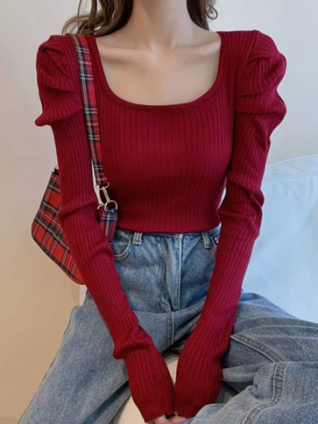 

women s sweaters deeptown vintage knitted sweater women harajuku striped puff sleeve jumper square collar slim all match basic knitwear y2k, White;black
