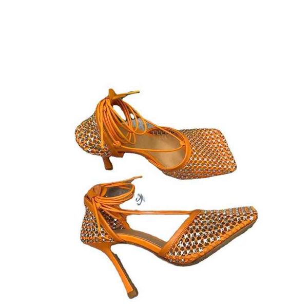 

yellow sandals mesh pumps female square toe high hels lace up cross-tied stiletto hollow dress shoes q18s, Black