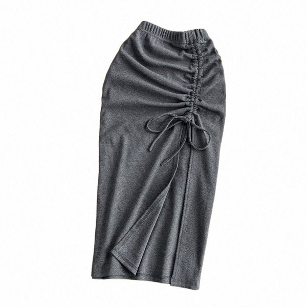 

skirts skirts midi cotton women elastic waist draw string split shirring pencil skirt girls solid slim irregular bottomskirts s01a#, Black