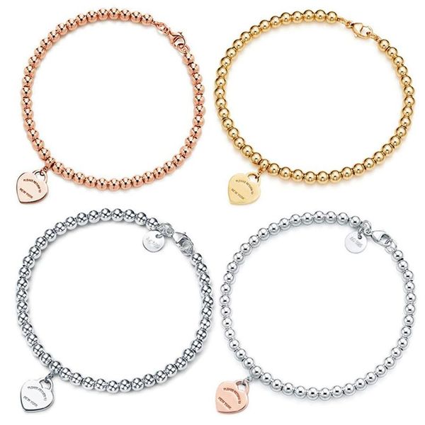

charm bracelets tiff 100% 925 silver 4mm round bead love heart-shaped bracelet female thickened bottom plating for girlfriend souvenir gift1, Golden;silver