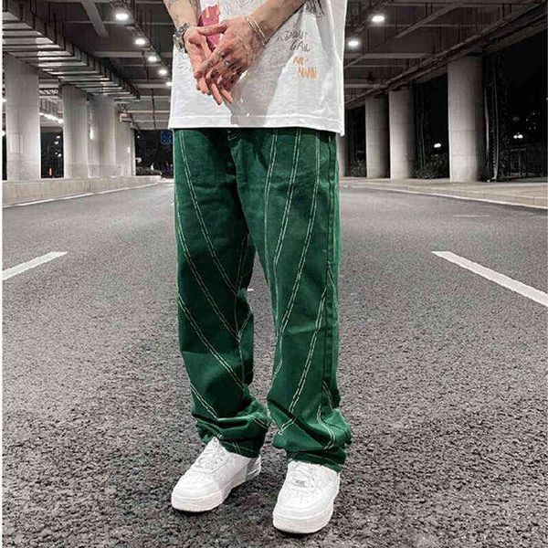 

2022 new lines vintage green baggy streetwear straight loose luxury casual denim trousers pantni uomo t220909, Black