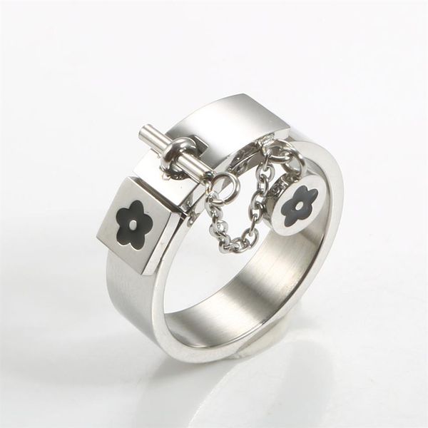 

fashion lucky flower charm with chain ring gold sliver stainless steel love promise finger rings for women men jewelry gift259a, Silver