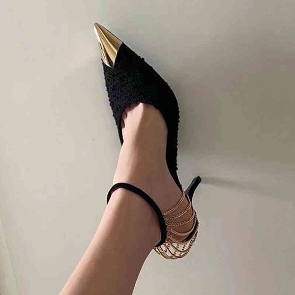 

sandals spike heels pumps women black tweed high banquet buckle strap chain decorated slingback metal toe female shoes party