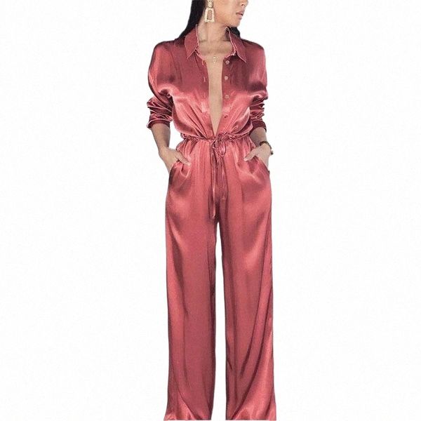 

women's jumpsuits & rompers women's jumpsuits & rompers elegant loose satin bodycon bandage jumpsuit women 2021 spring solid lapel, Black;white