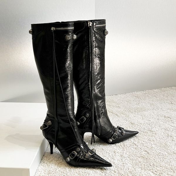 

boots boots cagole belt buckle decoration knee high boots women's leather side zipper pointed fashion luxury designer factory shoes wal, Black