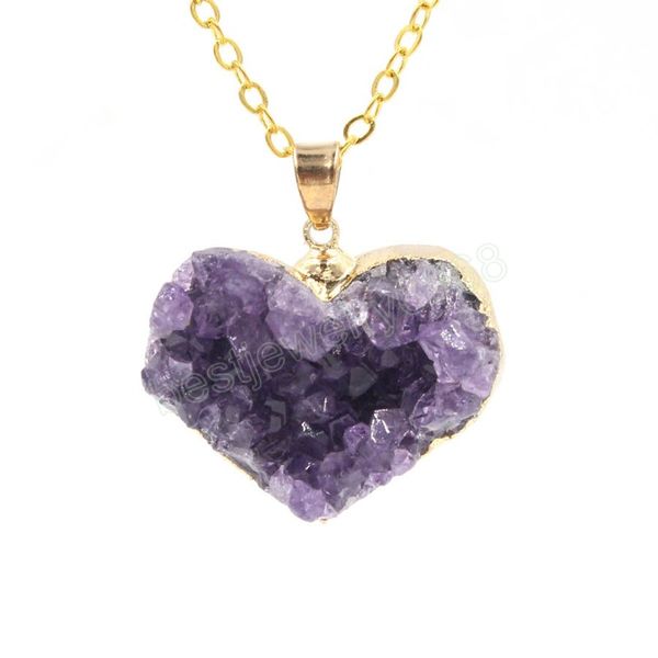 

natural quartz stones pendants for women gold color heart suspension raw amethysts cluster purple crystal pendant lovers jewelry without cha, Silver