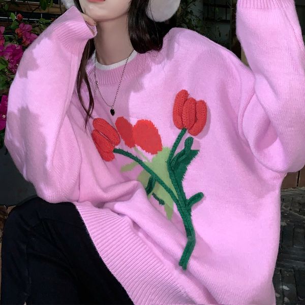 

women s sweaters deeptown korean style vintage flower knitted sweater women harajuku pink crewneck long sleeve jumper pullover female sweet, White;black