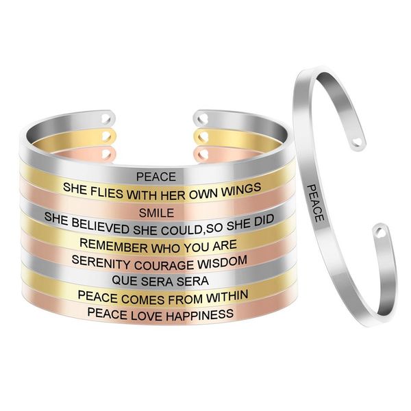 

10pcs lot laser engraving positive id inspirational quote stainless steel bangles collection customized cuff mantra bracelet sl-05287n, White