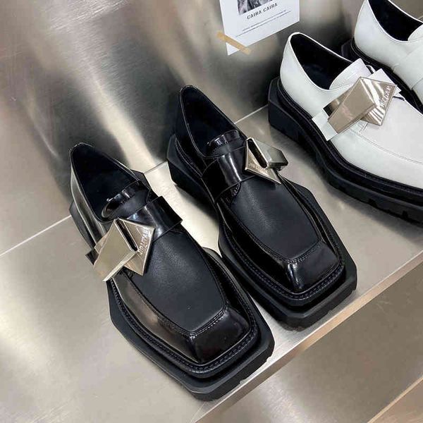 

geometric dress shoes metal buckle thick soled small leather shoes women's summer style pea one foot wearing heeled lofook e8nj, Black