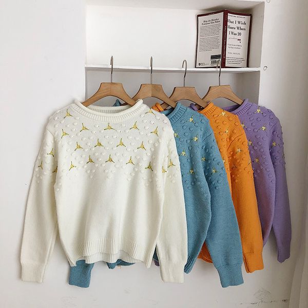 

women s sweaters autumn winter chic o neck long sleeve women korean flower sweet embroidery sueter mujer female pullovers 220908, White;black