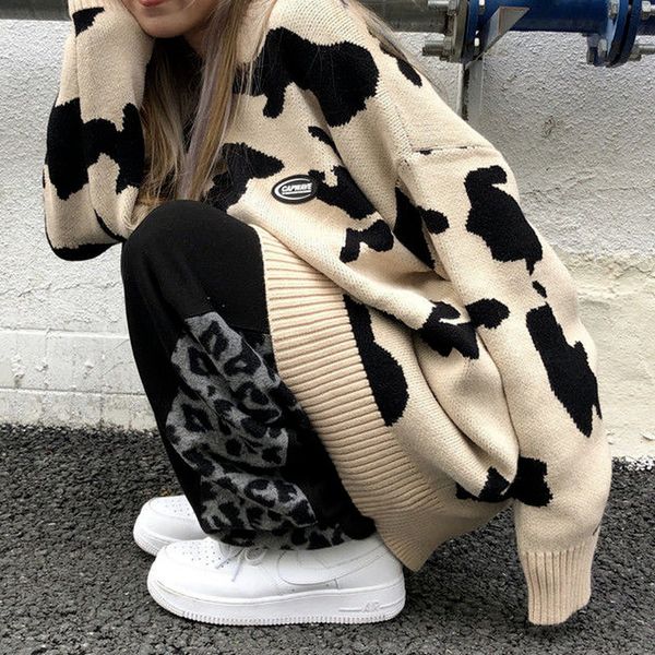

women s sweaters deeptown gothic streetwear cow print knitted sweater women harajuku korean style crewneck oversize jumper female kawaii 22, White;black