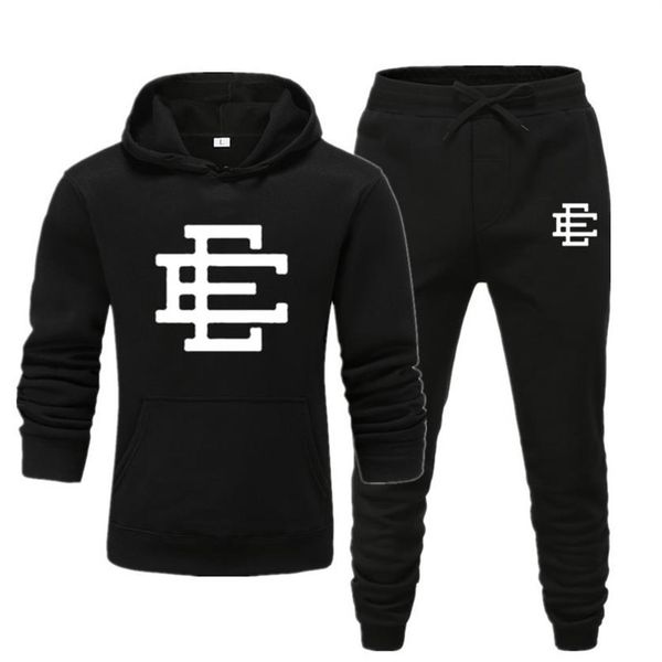 

brand eric emanuel ee men suit sweatshirt sweatpants 2 pieces sets tracksuit male hooded sportswear sudadera hombre272r, Black