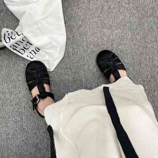 

hollow sandals ma horse hair braided baotou roman shoes round head flat sandals leather women's summer versatile comfortable buckle yyp, Black