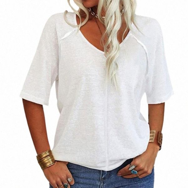 

women's tanks & camis women's tanks & camis short-sleeved t-shirt half sleeve v-neck women sweat absorbing solid color loose summe, White