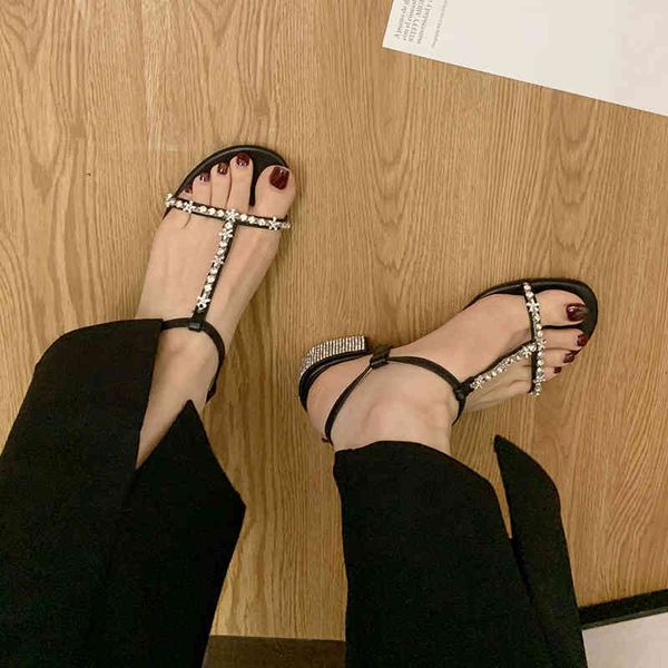 

shoes sandals women leather shoe footwear luxury designer t strap casual crystal square heel summer buckle open toe dk81, Black