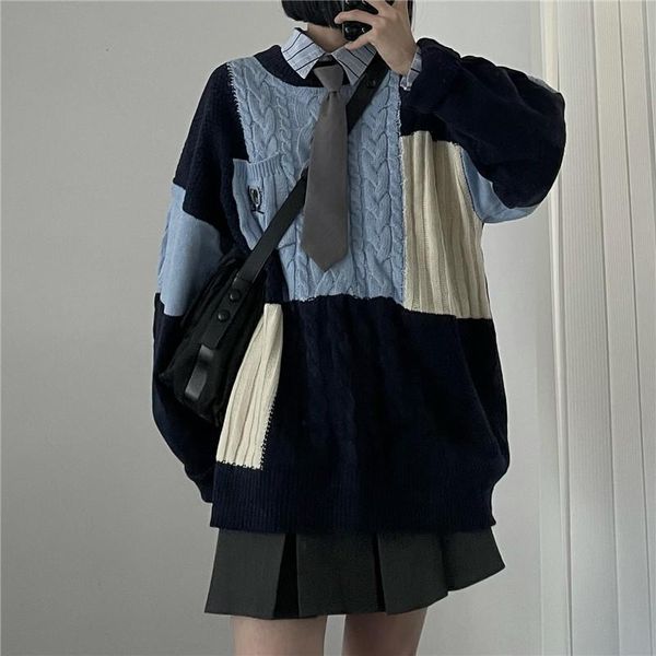 

women s sweaters deeptown korean style oversize blue sweater women preppy school girl pullover brown knitted jumper patchwork harajuku 2209, White;black