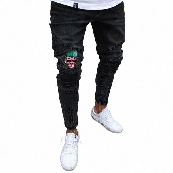 

men's jeans men's jeans stretchy ripped skinny biker jeans cartoon pattern destroyed taped slim fit black denim pants 2020 new l8d, Blue