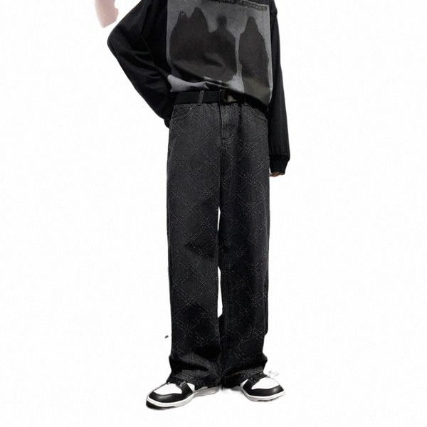 

men's jeans men's jeans blue black plaid men fashion casual baggy wide-leg streetwear loose hip-hop straight denim pants mens trou