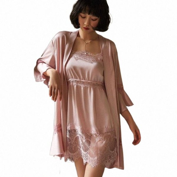 

women's sleepwear mechcitiz lace lady robe suit satin bride bridesmaid kimono bathrobe gown mini sleepwear pajamas sets intimate linger, Black;red