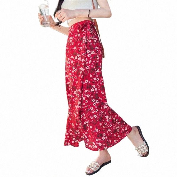 

skirts skirts summer women vintage floral print wrap skirt female bohemia high waist chiffon beach 2022 a piece of lace 54qn#, Black