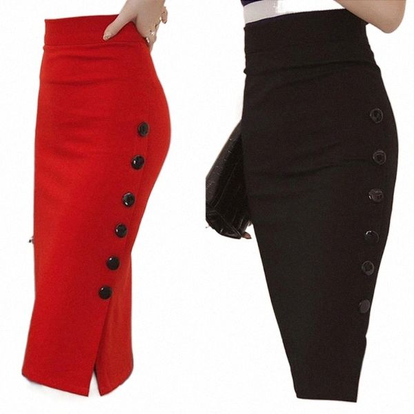 

skirts skirts elegant bodycon lady ol womens pencil skirt ladies high waisted button split office plus size stretch midi skirtsskirts 84b6#, Black