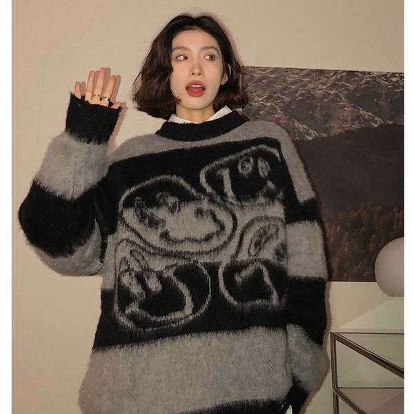 

women s sweaters fashion vintage striped winter o neck y2k aesthetic loose lazy wind pullover 220908, White;black