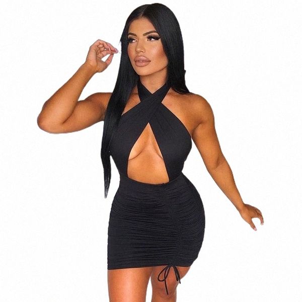 

casual dresses casual dresses drawstring halter neck party ruched bandage club night birthday outfit women skinny mini summer dress t4el#, Black;gray