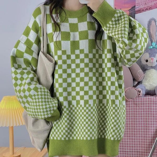 

women s sweaters autumn winter couple streetwear hip hop loose casual pullover plaid oversize knitwear woman 220908, White;black