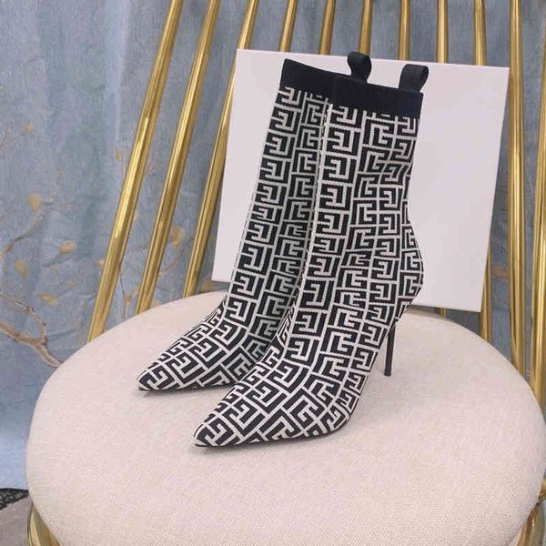 

sandals ankle boots runway boot women shoes luxury spring stretch-knit fashion 95mm stiletto heels short slip-on botas de mujer, Black