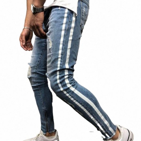 

men's jeans men's jeans 2021 trendy brand knee ripped skinny j4je#, Blue
