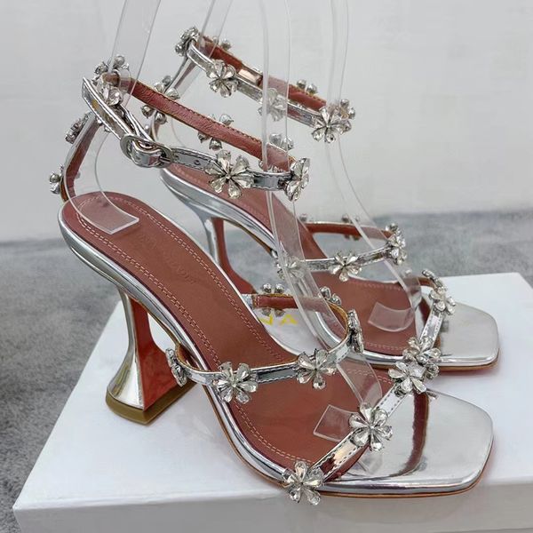 

high-heeled sandals muaddi amina women's rhinestone flower decoration silk snap buckle square head high heels designer 10cm red purple, Black