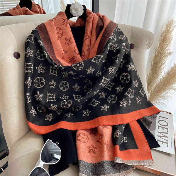 

design 2021 autumn imitation cashmere pattern temperament versatile lengthened thickened air conditioning shawl warm scarf bib women, Blue;gray