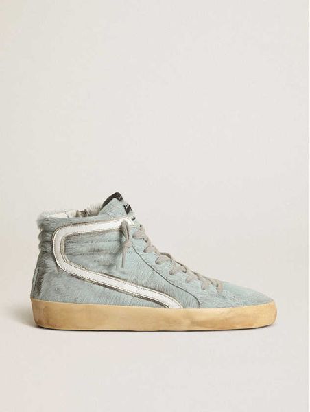 

shoes handmade slide sneakers high dirty designer luxurious italian vintage aquamarine pony leather with silver laminated leather