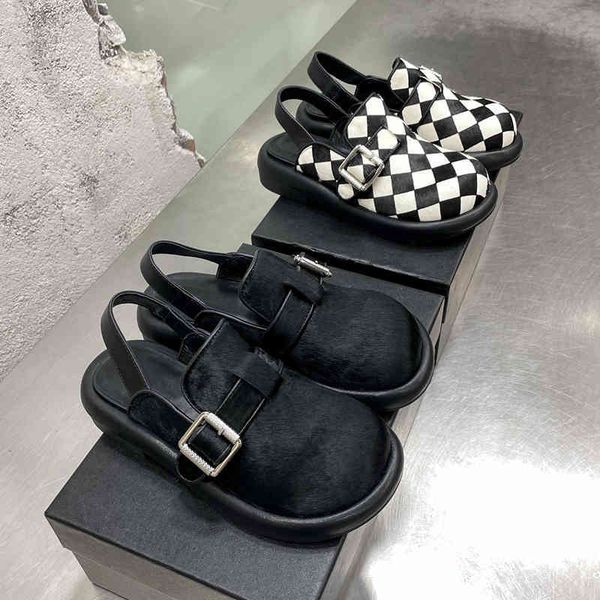

mi checkerboard slippers baotou half slipper muller shoes bobken women's leather loafer round scalp slippers in spring and summer pzhg, Black