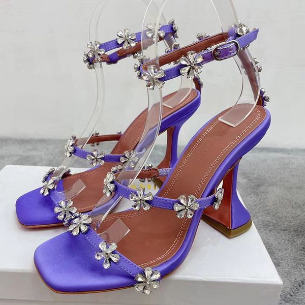 

amina muaddi high-heeled sandals women's rhinestone flower decoration silk snap buckle square head high heels designer 10cm red purple, Black