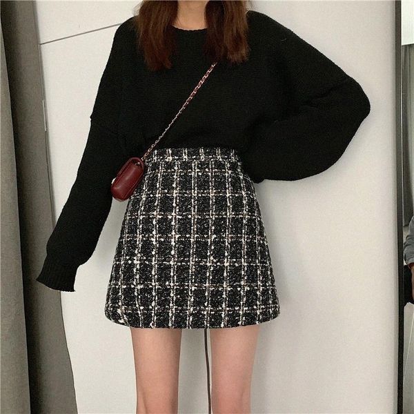 

skirts skirts vintage plaid autumn tweed women high waist korean pencil skirt plus size zipper bodycorn woolen a-line elegantskirts q5e3#, Black