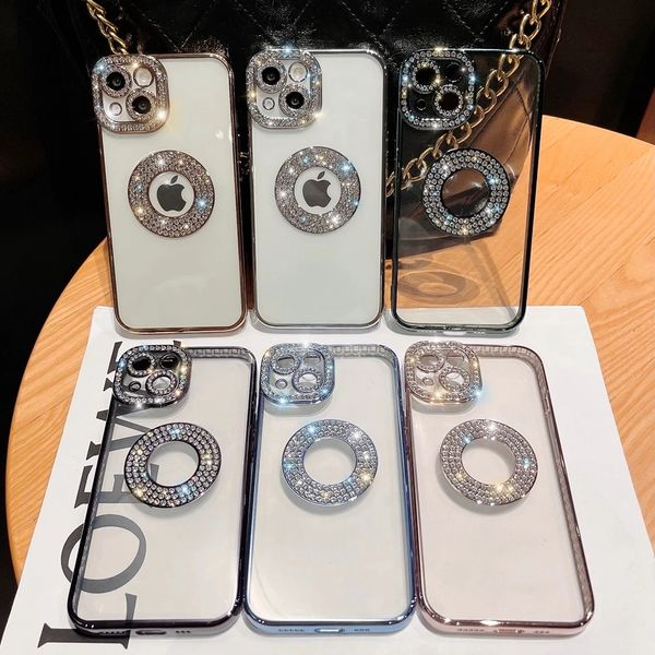 

plating clear cases logo hole glitter bling rhinestones diamond phone case for iphone 14 13 12 11 pro max x xs xr 7 8 plus protective soft s