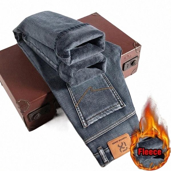 

men's jeans men's jeans winter men fleece warm classic style business casual regular fit thicken stretch denim pants male brand tr, Blue