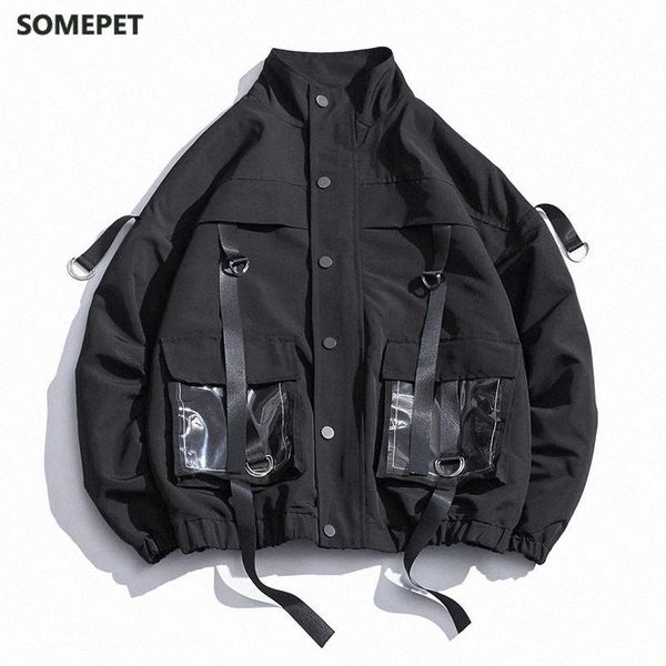 

men's jackets men military jacket coats casual windbreaker ribbons pockets men's overalls bomber hip hop streetwear man outwear ja, Black;brown